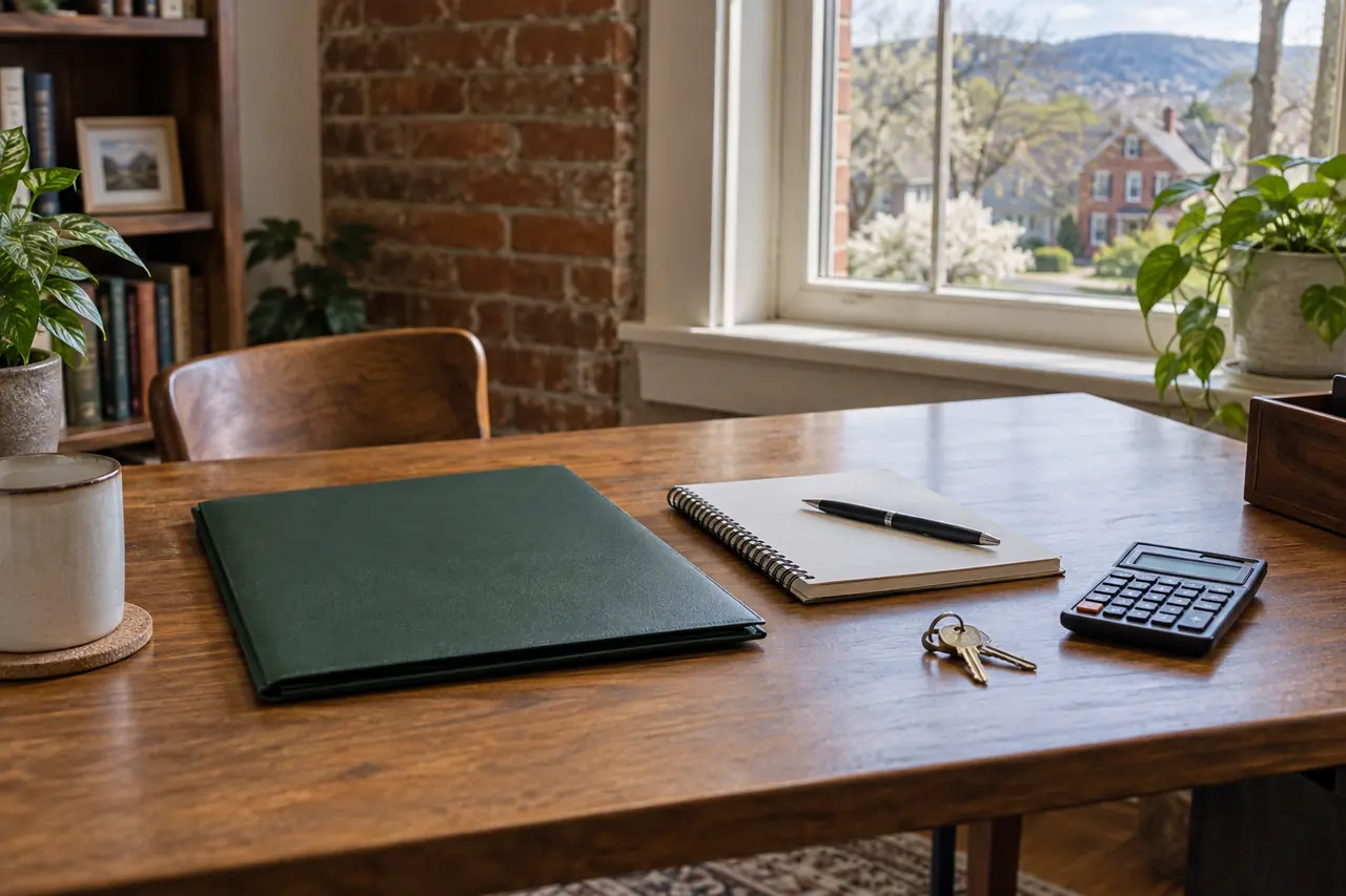 AI-generated illustration: A careful home seller's unoccupied desk in an ordinary Pennsylvania brick home: one closed dark green folder, plain notebook, pen, simple house keys, and a small calculator, soft daylight from a window. No visible writing or numeric displays. A calm practical buyer-verification editorial still life, no staged luxury.