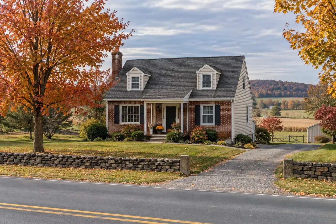 Illustration: A modest detached brick-and-siding home near Gettysburg in Adams County Pennsylvania, autumn maple trees, rolling farm fields in distant background