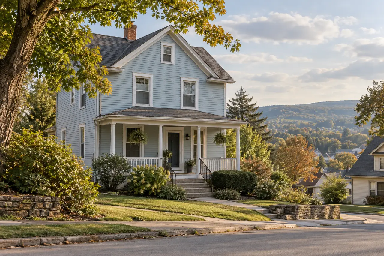 AI-generated illustration: A modest early twentieth-century two-story pale blue clapboard house with a simple covered front porch, on a quiet gently sloping residential street typical of Red Lion Pennsylvania, mature trees and distant York County hills, soft afternoon light.